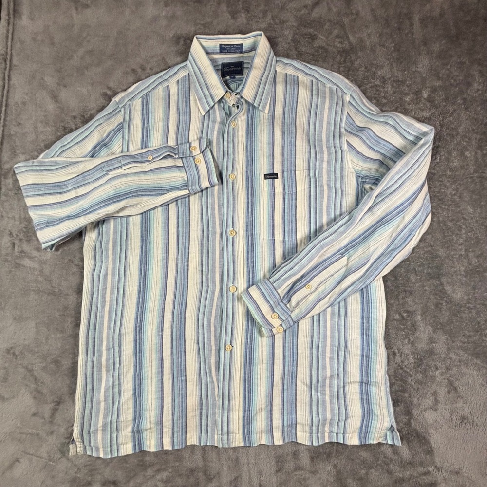Faconnable Mens Medium 100% Linen Striped Long Sleeve Button Down Shirt Blue